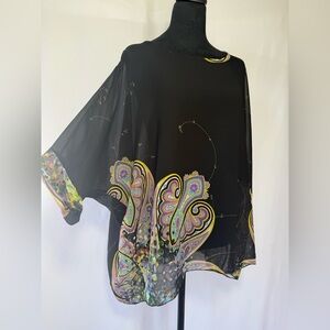 Black Paisley Sheer Kaftan Poncho Top | Boho Batwing Sleeve Blouse, Oversized OS